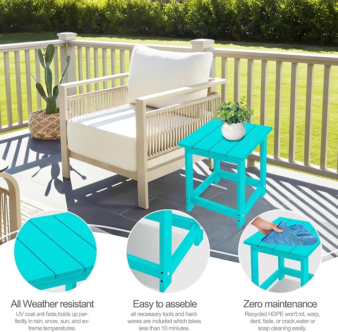 LZRS Patio Side Table, Heavy Duty HDPE Outdoor End Table with Wood Texture, Weatherproof Composite Table for Adirondack Chairs, Deck, Pool, Indoor/Outdoor, No Peeling or Cracking(Turquoise)