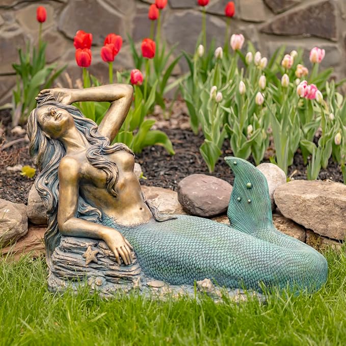 Magnesium-Based Cement Mermaid Statues for Both Indoor and Outdoor Use (Reclining on Rock Mermaid Camree)