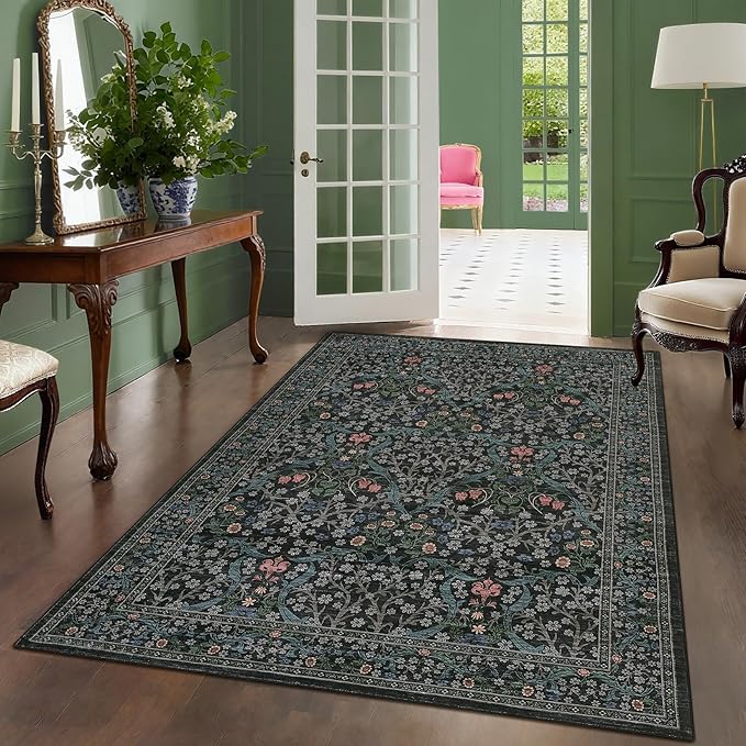 GarveeHome 6x9 Washable Area Rug for Living Room, Floral Dining Room Rugs for Under Table, Low Pile Non-Slip Stain Resistance Floor Carpet for Bedroom, Dark Black