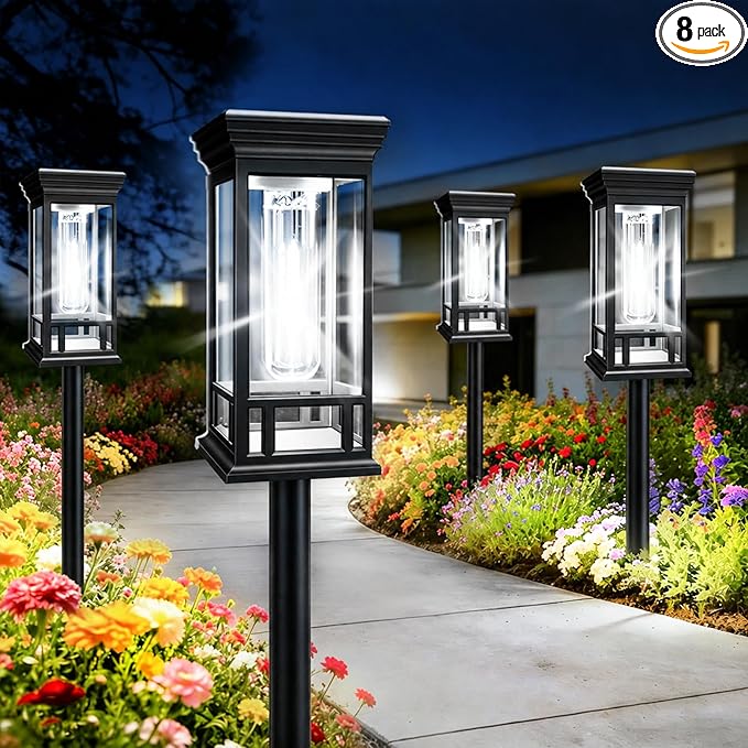 8 Pack Solar Pathway Lights Outdoor, Taller Bright Solar Path Lights Waterproof, Auto On/Off Solar Powered Garden Lights for Outside Landscape Path Yard Walkway Lawn Driveway Patio Lighting Decor
