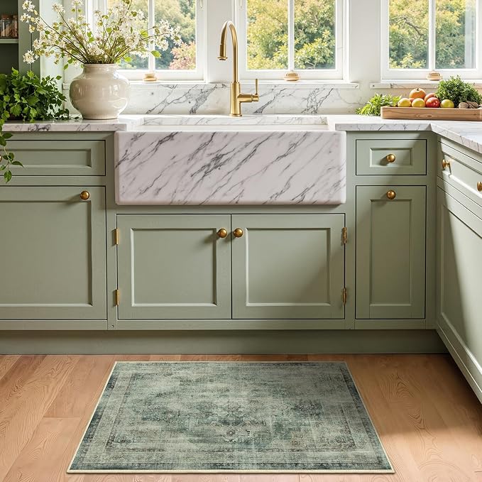 Muted Green 2x3 Entryway Rug, Low Pile Ultra Thin Washable Kitchen Rugs Non Slip, Vintage Distressed Medallion Transitional Small Rug for Bathroom, Farmhouse Inside Door Mats for Entrance Foyer