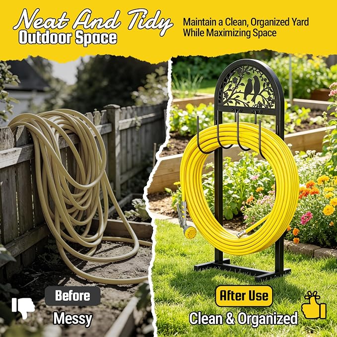 YQSLYSF Garden Hose Holder for Outside, Water Hose Reel Freestanding with 4 Stake, Heavy Duty Metal Hose Stand Storage Rack Holds 150Ft