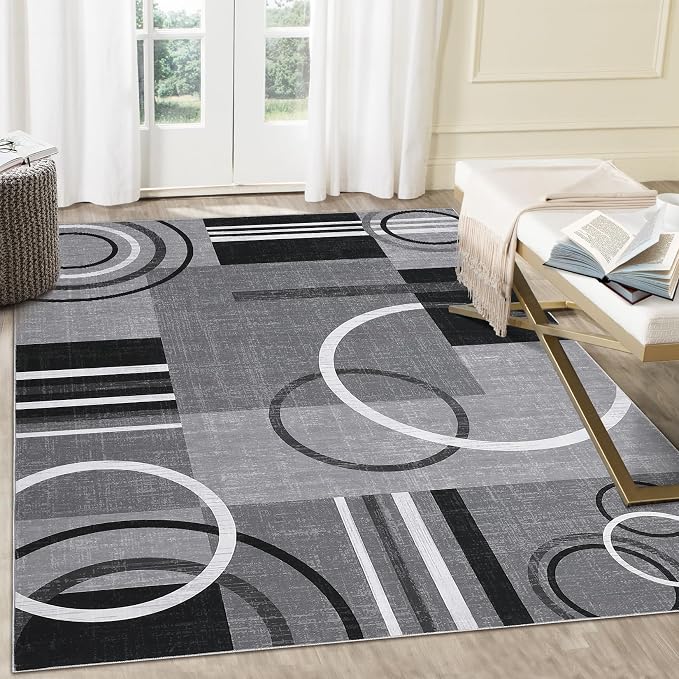 RUGSREAL 9x12 Washable Rugs Abstract Circles Rug Low Pile Throw Carpet | Contemporary Modern Area Rugs Stain Resistant Accent Rug for Bedroom Living Room