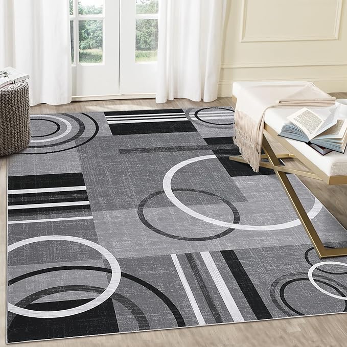 RUGSREAL Washable Rug 5x7 Abstract Circles Area Rugs Non Slip Floor Carpet | Contemporary Soft Rug Low Pile Accent Rugs for Indoor Living Dining Room
