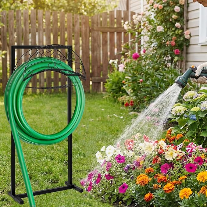 Heavy Duty Freestanding Garden Hose Reel with Storage Basket - Outdoor Hose Holder, Water Hose Storage Rack & Hanger for Yard, Lawn, Farm - Easy Roll for Outside