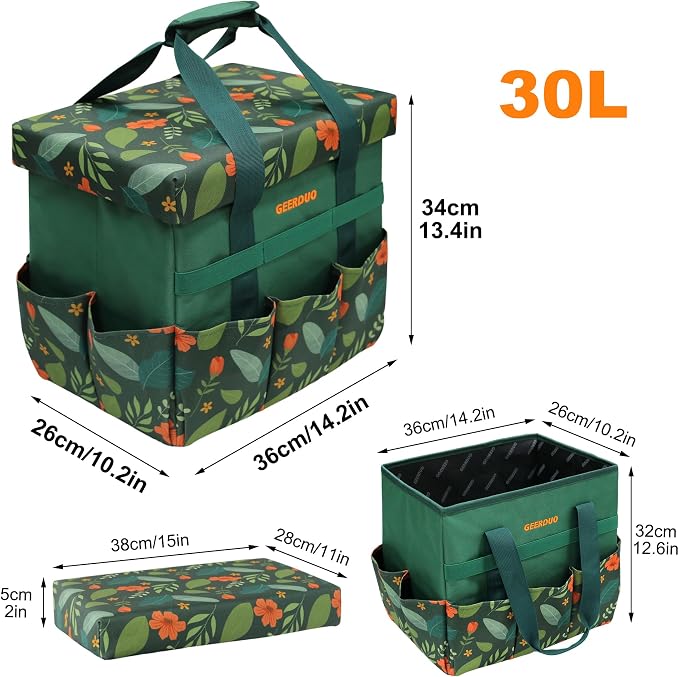 30L Collapsible Garden Seat & Storage Box, Heavy Duty Floral Organizer Bag with 10 Side Pockets, Portable Foldable Stool for Camping, Picnic, Car Trunk and Home