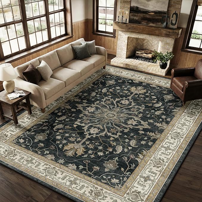 RELEANY Washable Area Rug, Large 9'x12', Black/Vintage/Beige | Non-Slip, Water Repellent, Pet Friendly, Easy to Clean, Vintage Floral Boho Decor for Living Room Bedroom Dining Room