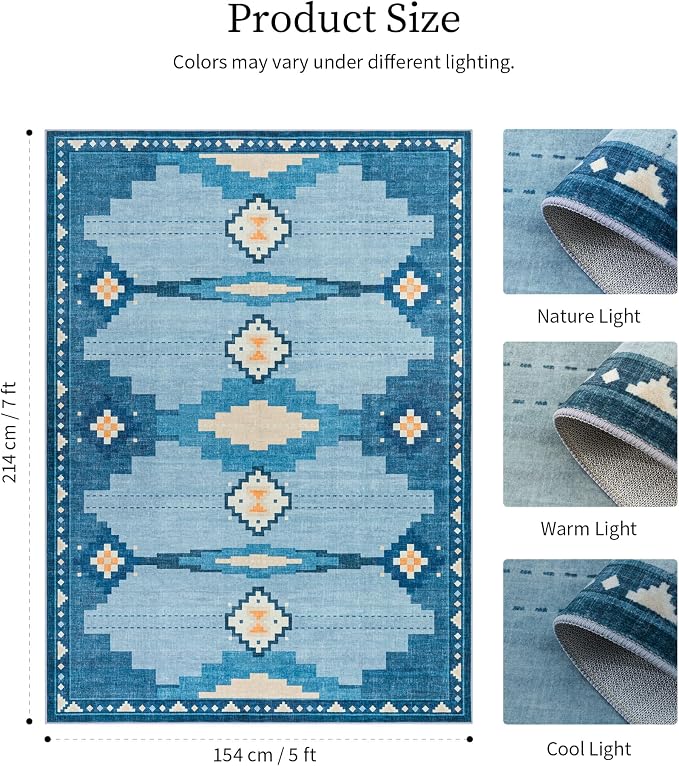YIHOUSE 5'x7' Washable Blue Geometric Area Rug for Living Room | Soft, Non-Slip, Coastal Aztec Design for Bedroom Dining Nursery Room Playroom, Low Pile, Pet Friendly