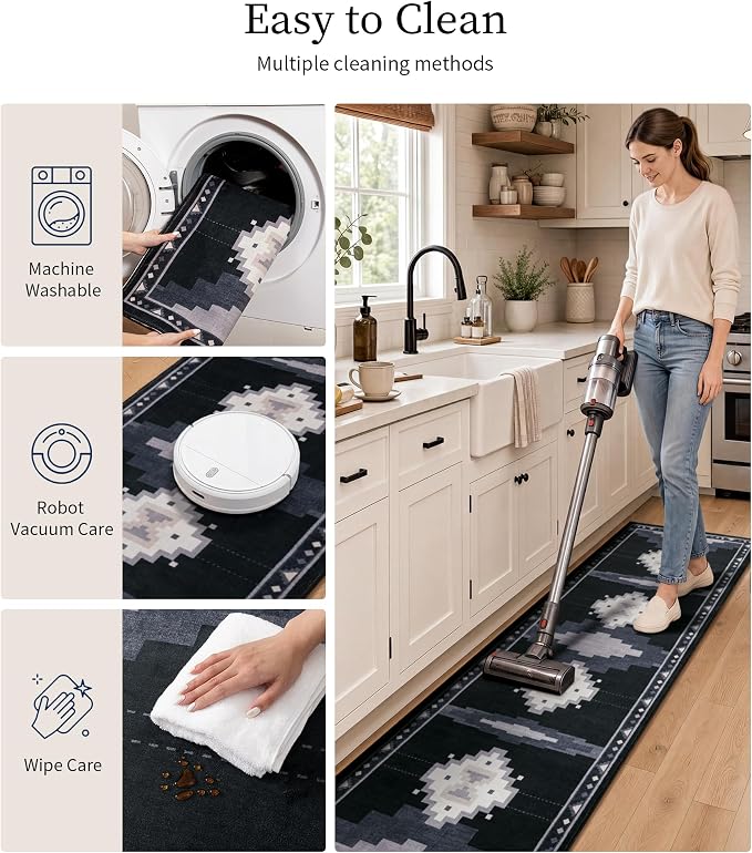 YIHOUSE 2'x6' Washable Hallway Runner Rug, Black and Grey Western Aztec Rug | Non-Slip, Low Pile, Soft, Tribal Geometric Design, for Entryway Kitchen Boy Bedroom, Stain Resistant, Pet Friendly