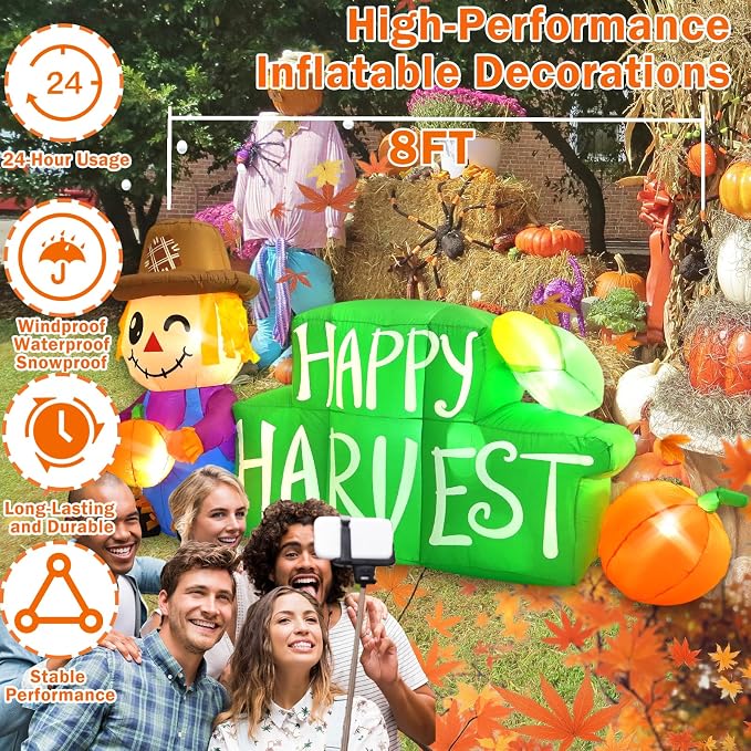 8FT Long Fall Inflatables Outdoor Decorations, Inflatable Scarecrow and Road Sign Pumpkin, Built-in LED Fall Autumn Harvest Thanksgiving Inflatables Blow Ups for Outside Yard Garden Lawn
