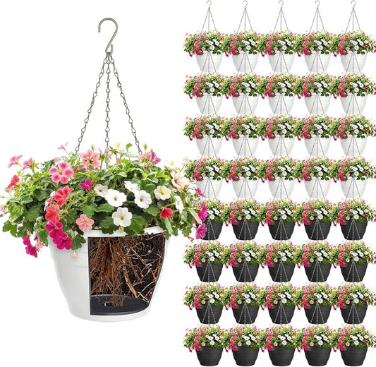 40 Pcs 10 Inch Plastic Self Watering Hanging Planters Bulk Hanging Baskets for Plants Indoor Outdoor with Drainage Holes and Chain Plant Pot for Garden, Balcony, Porch, Patio Decor