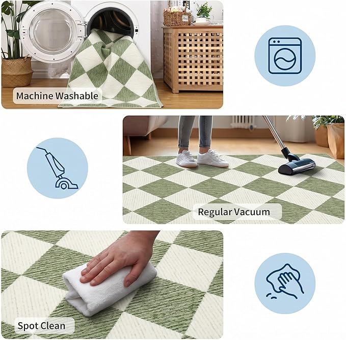 GarveeHome Checkered Entryway Rug 2x3 Sage Green Washable Front Door Rug | Diamond Indoor Entrance Plaid Carpet Non-Slip Low Pile Throw Rugs for Kitchen Floor, Powder Room, Entry, Bathroom, Kids Room