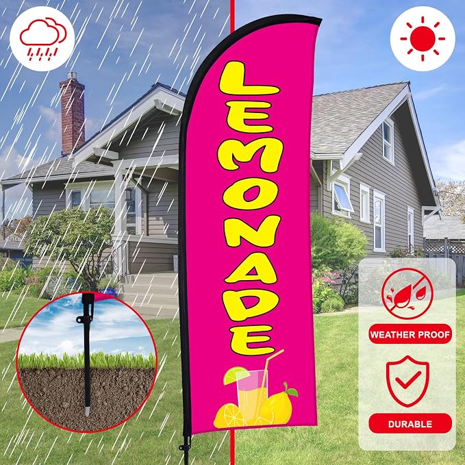 Buryeah 2 Pack Lemonade Feather Flag for Business Advertising 7x5.4ft Feather Flag Sign with Flagpole Ground Stake Portable Bag Lemonade Banner with Rope for Outside Garden Business Party (Rose Pink)