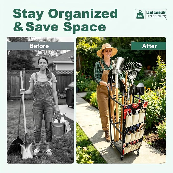 Garden Tool Organizer with Wheels 3 Tier Yard Tool Organizer Rack with Side Storage Pockets Sturdy Metal Steel Holder with 6 Hooks for Garage, Yard, Patio, Shed