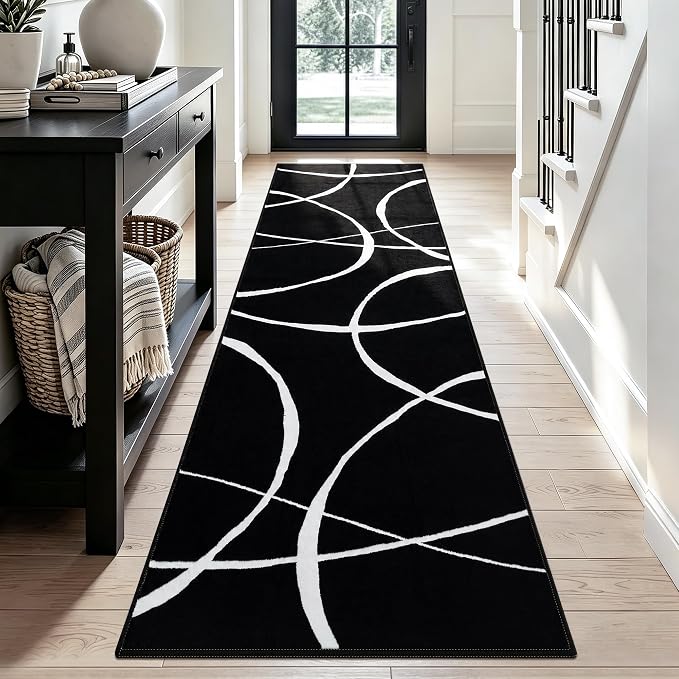 2x6 Washable Modern Black White Kitchen Runner Rug | Ultra-Thin Low Pile, Non-Slip TPE Backing, Soft Stain Resistant, Machine Washable, for Bedroom Livingroom High Traffic