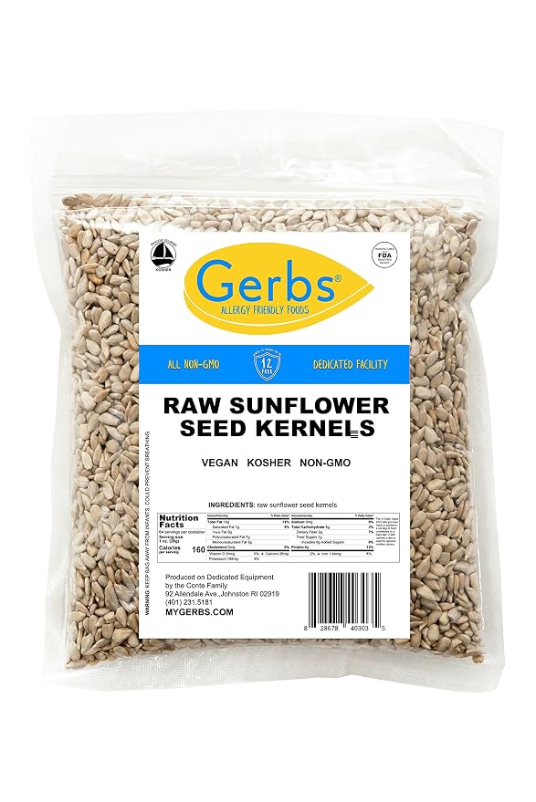 Gerbs Raw Sunflower Seed Kernels 4 lbs. | No Artificial Additives, Resealable Bag | Mild & Crunchy | Top 14 Allergen-Free