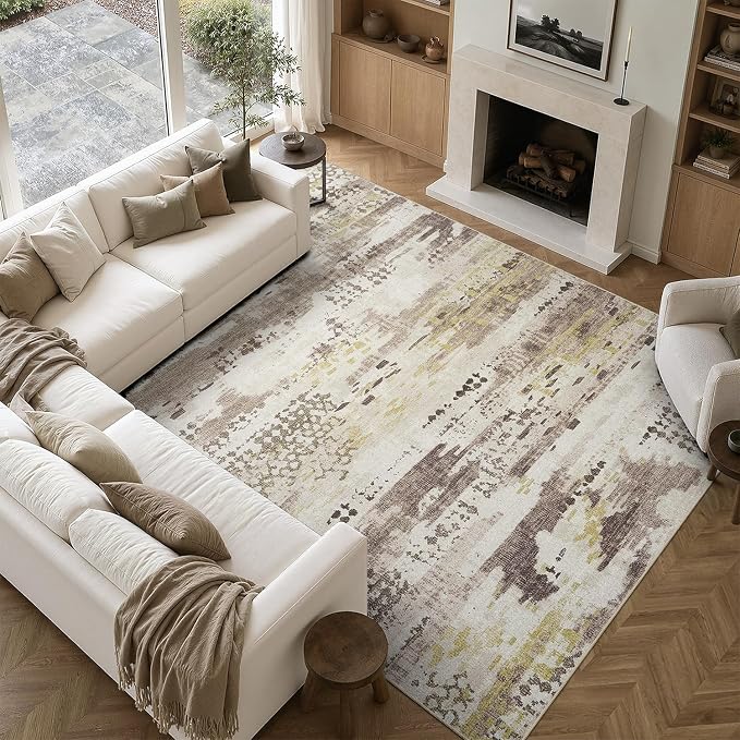 DCX Washable Abstract Area Rug 6x9, Non Slip Low Pile Rug, Brown | Easy to clean, non-shedding, soft, kid & pet friendly, with a non-slip rubber backing for living rooms, bedrooms, and offices