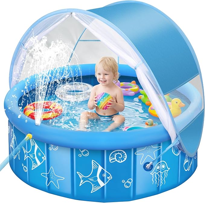 KJX Baby Pool with Canopy Sprinkler, 47in Foldable Kiddie Pool with Tent | Pop Up Baby Beach Tent with Mosquito Net and Sun Shade Canopy, Portable Toddler Kids Small Pool for Backyard Beach Outdoor