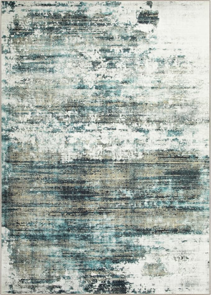 9x12 Area Rugs for Living Room: Washable Abstract Teal Green Badroom Carpet | Non-slip TPE backing makes this washable soft low-pile rug safe & durable, Pet-friendly decor for dining room,nursery,office