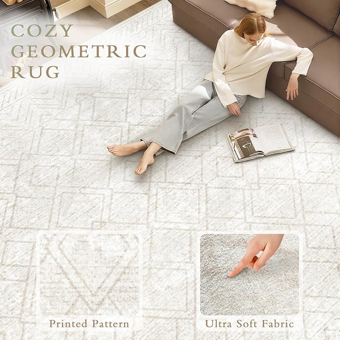 Area Rugs 6x9 Living Room Rug: Washable Geometric Moroccan Neutral Rugs Boho Modern Non Slip Area Rug Soft Indoor Floor Low Pile Carpet for Bedroom Nursery Dining Room Home Office (Beige, 6'x9')
