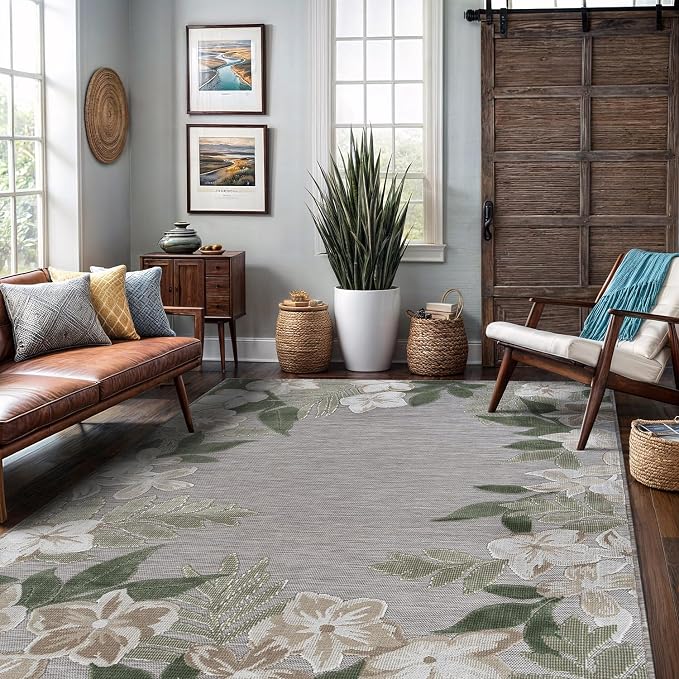Outdoor Rug 9x12 Washable Area Rugs Indoor Outdoor Carpets Green Border Floral Non Shedding Waterproof Easy Clean Patio Deck Porch Living Room Bedroom Garden RV (9 X 12 Green)