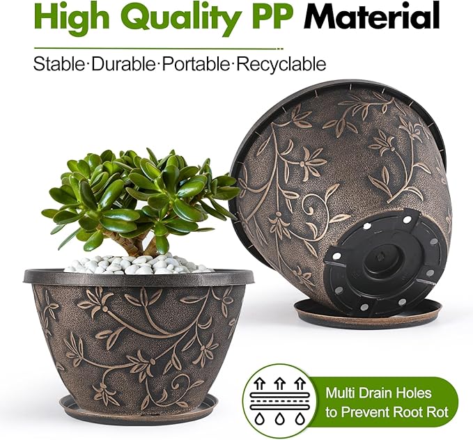 Nooulap 10 Inch Plant Pot with Drainage, Plastic Planter for Indoor Outdoor Plants, Medium Flower Pots for Patio, Balcony Garden Decor, Brown Vintage Flower Pattern
