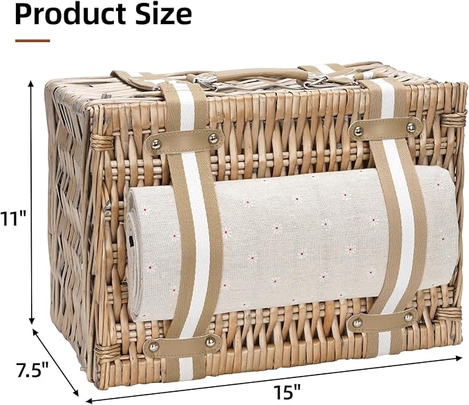 G GOOD GAIN Picnic Basket for 2 - Wicker Picnic Set with Waterproof Blanket| Large Picnic Hamper with Insulated Cooler & Cutlery Kit for Couples Camping,White Flower,15x11x7.5inch