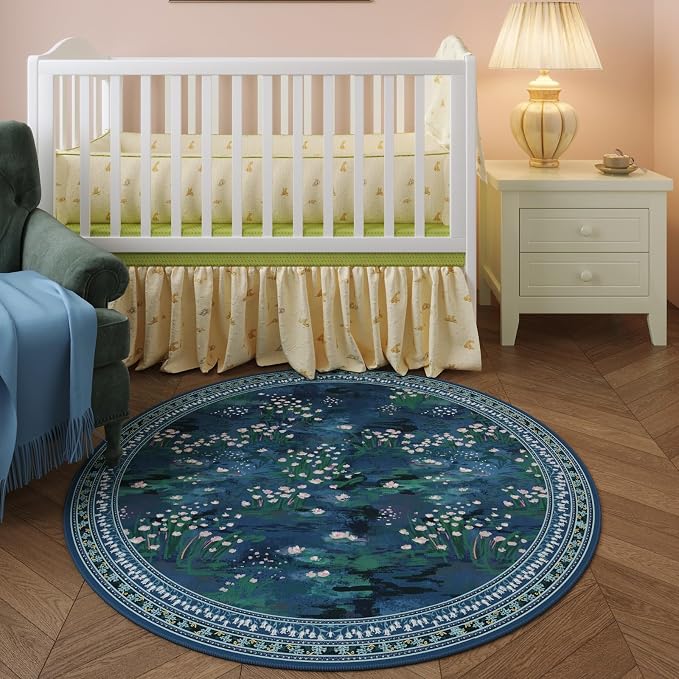 Rugcomf Circle Rug Impressionist-Style Vintage Round Rug 4ft Non Slip Low Pile Small Circular Rug for Bedroom Bathroom Entryway Kids Room Office College Dorm, Blue