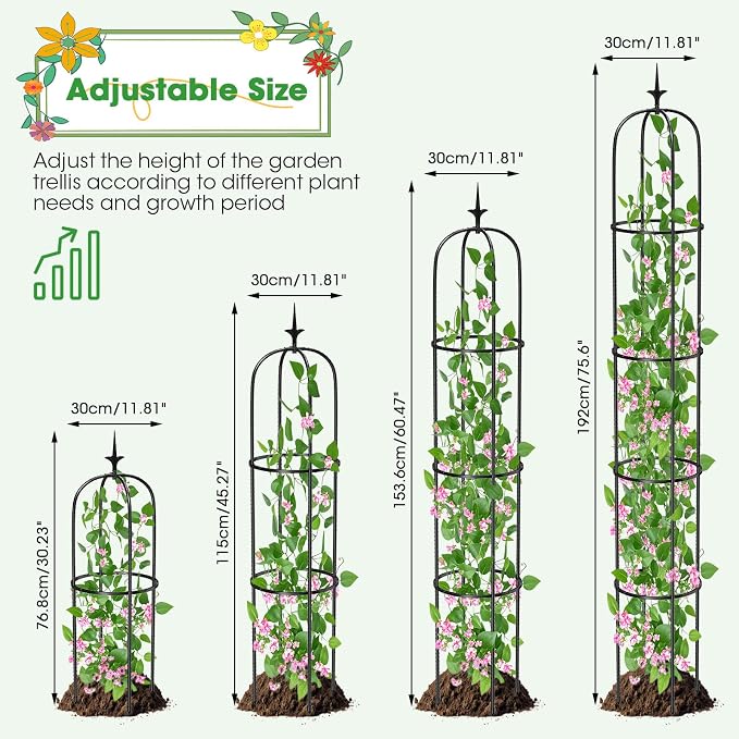 Tower Obelisk Garden Trellis for Climbing Plant，6.3FT/75.6" Rustproof Metal Potted Plant Climbing Support for Indoor Outdoor Flowers Vegetable Fruits Vines Support (2PCS)