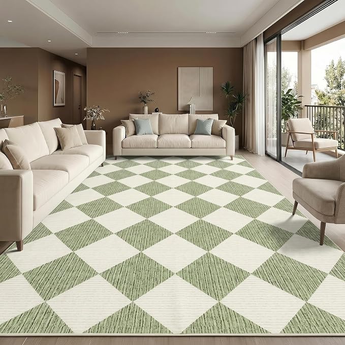GarveeHome Sage Green Area Rug 9x12 Living Room Checkered Washable Rug | Large Diamond Non Slip Backing Floor Mat Indoor Soft Thin Carpet for Bedroom Dining Room Playroom Nursery Home Decor