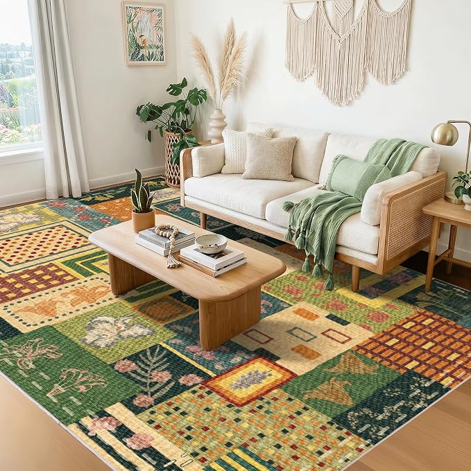 Patchwork Area Rugs for Living Room, Washable 5x7 Multicolor Floral Rug | Upgraded Non Slip Carpet| Indoor Rugs for Bedroom Dining Room Office Home Decor| Abstract Rug| Southwestern Cottagecore Rug