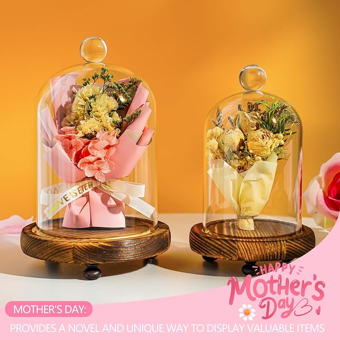ZEERSHEE Cloche Glass Dome with Wooden Base, Set of 2 Display Bell Jars | Two Sizes Included, Clear Glass Display, Stable Wooden Base for Flowers, Figurines, Candles and Keepsakes