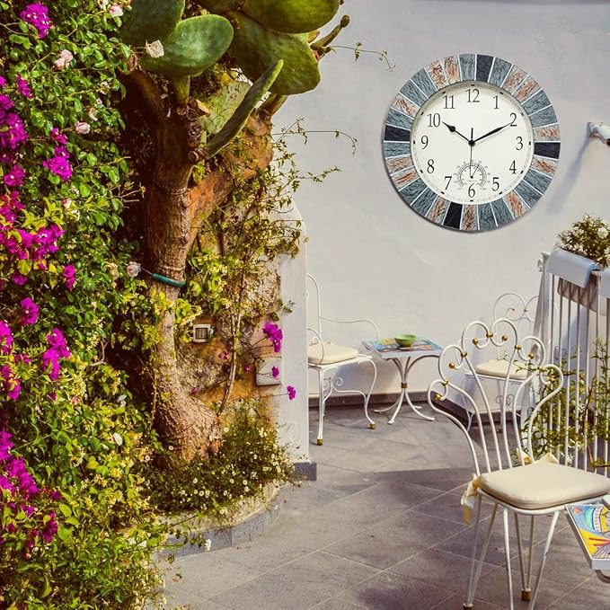 UMEXUS Outdoor Clock with Thermometer, 13 Inch Retro Large Waterproof Wall Clocks Indoor Silent Non-Ticking Battery Operated Weatherproof Decor for Patio Garden Pool Mother Gift