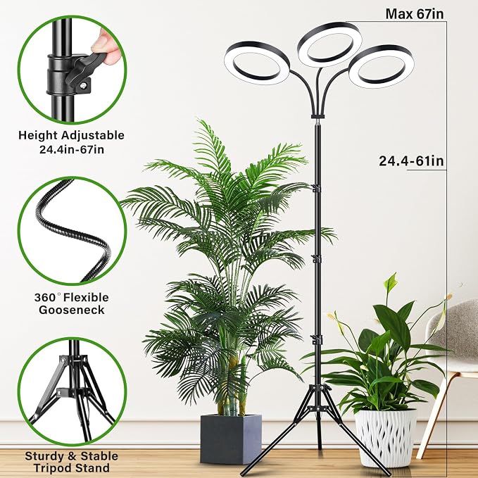 LORDEM Grow Light for Indoor Plants, 7.9" Diameter Tri-Head Plant Light for Plants Growing, Full Spectrum Growth Lamp with Auto Timer 3/6/12H, 4 Dimmable Levels, 3 Lighting Modes, Adjustable Stand