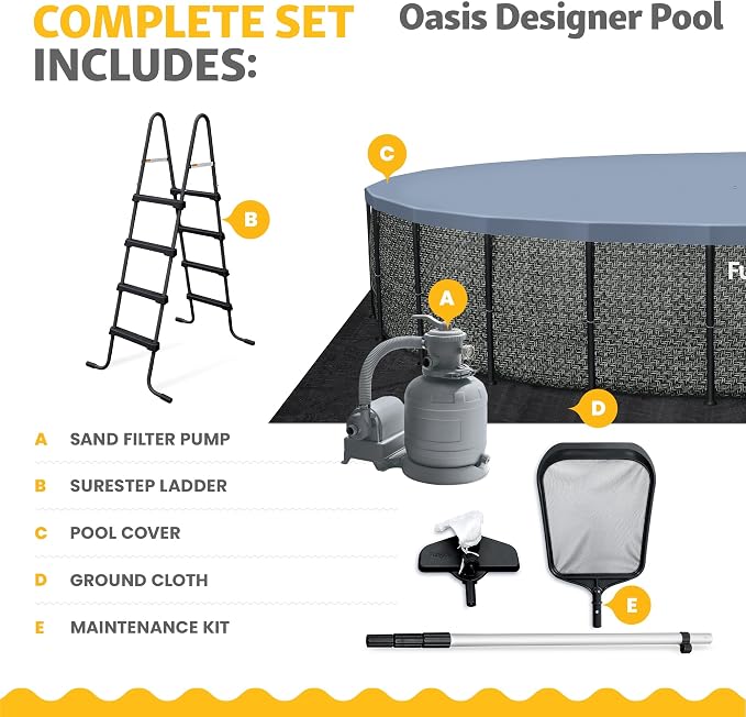 Funsicle Oasis Designer 24' x 52" Round Above Ground Swimming Pool, with 12" Sand Filter Pump, Ladder, Maintenance Kit, Cover, Ground Cloth & Repair Patch, Dark Herringbone | With 12" Sand Filter Pump, Ladder, Maintenance Kit, Cover & Repair Patch, Dar...
