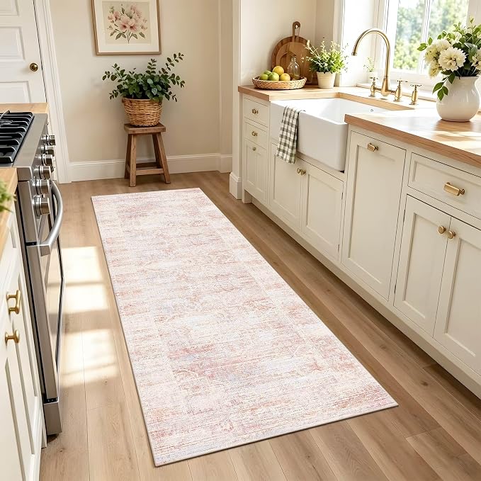 Latte&Fog Hallway 2x6 Runner Rug Non Slip Washable Pink Rugs for Kitchen | Low Pile Soft Cute Throw Rug Doormat for Entrance Bathroom Laundry Bedside Bedroom Nursery Playroom Hallyway Dorm Office