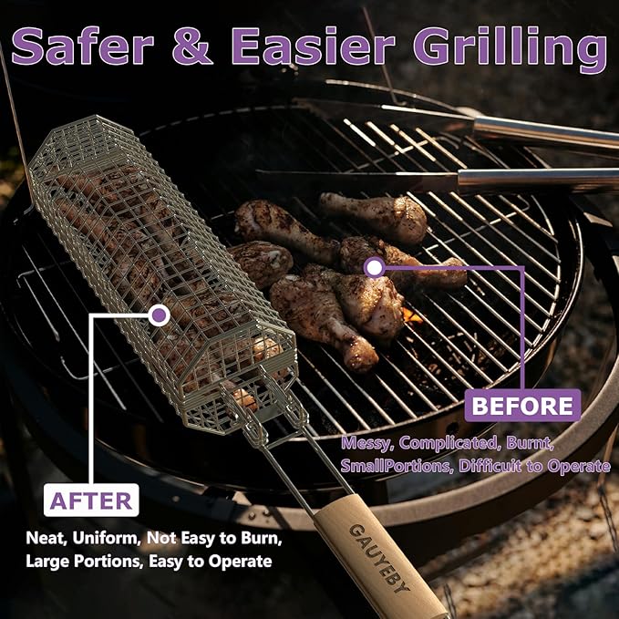 Rolling Grill Basket, Grilling Baskets for Outdoor Grill, REMOVABLE HANDLE, Anti-Scorch Stainless Steel BBQ Net Tube for Meat, Shrimp, Vegetables, BBQ Gifts for Dad, Husband (Octagon)