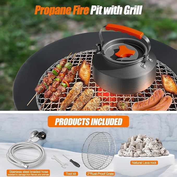 GasBRUH 19″ Outdoor Portable Propane Fire Pit with Grill Grate, Cover&Carry Kit,Fireplace,60,000 BTU Camping Propane Firepit,Portable Gas Fire Pit for Outside Patio,Camping,RV,Smokeless Gas Firebowl