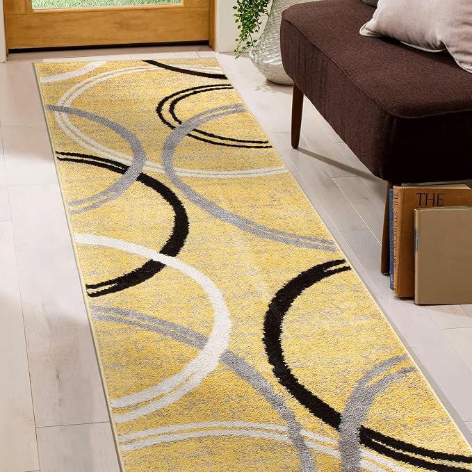 Rugshop Wavy Circles Non-Shedding Living Room Runner Rug Yellow 2' x 10' | Rectangular, Size 2' x 10', Bedroom, Dining Room, Home Office, Kitchen, Entryway, Hallway, Nursery, Kids Room, Guest Room