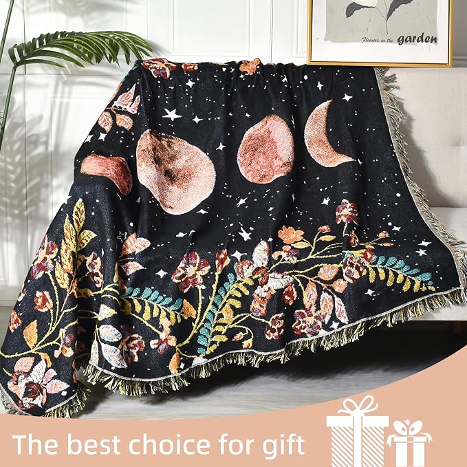 Boho Throw Blanket Reversible Cotton Bohemian Tapestry Hippie Room Decor Double Sided (Lunar Eclipse Black 50"x60")