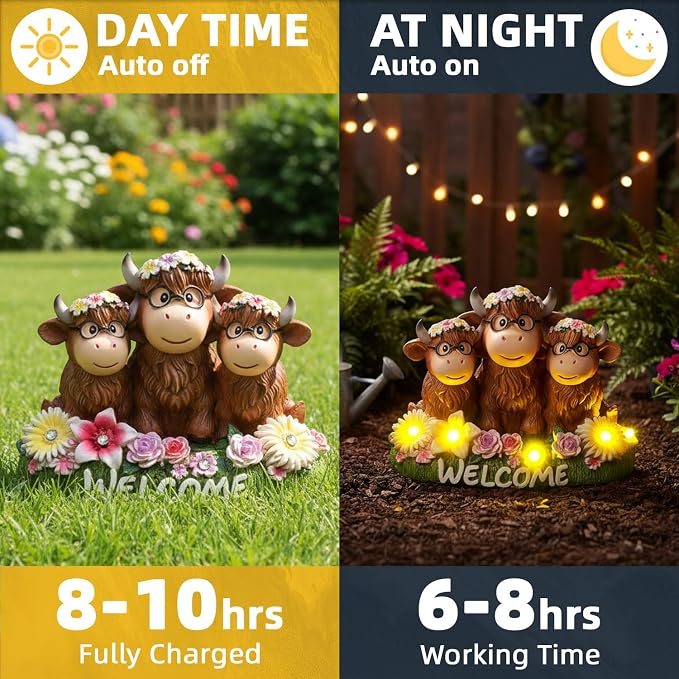 Highland Cow Decor Solar Garden Statue 5.3",Funny Resin Cow Family Figurine with Glasses & Welcome Sign,Cute Farmhouse Outdoor Yard Art for Patio Porch Lawn,Housewarming Birthday Gifts for Women Mom