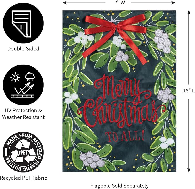 Evergreen Merry Christmas Mistletoe Garden Flags 12"x18" Double Sided, Welcome Flags for Outside, Winter Yard Flags, Christmas Decorations for Home, Porch, Yard