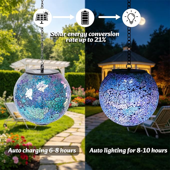 Solar Hanging Lantern Solar Outdoor Lanterns Mosaic Gazing Ball Outdoor Hanging Lights Outdoor Lights Waterproof Garden Patio Pathway & Yard Décor Blue