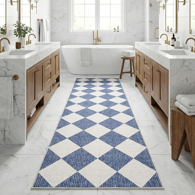 GarveeHome Checkered Long Hallway Runner Rug 2.5x10 Navy Blue Kitchen Rug | Non Slip Soft Diamond Print Entryway Rug Thin Laundry Mat Stain Resistant Carpet for Bedroom Bathroom Beside