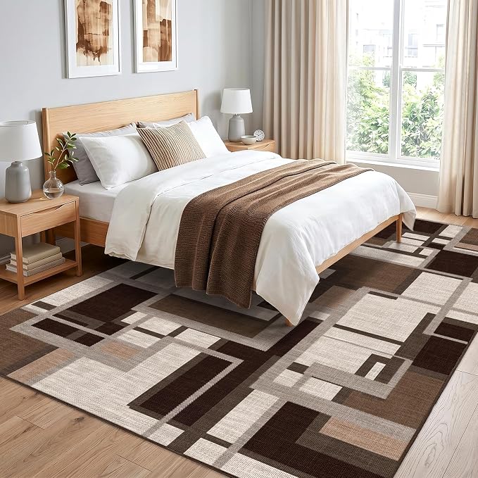 Modern Geometric 8x10 Area Rugs for Living Room, Coffee Brown Washable Rug | Contemporary Patchwork Blocks Non-Slip Indoor Carpet for Bedroom Dining Room Office | Abstract Soft Low-Pile Large Rug