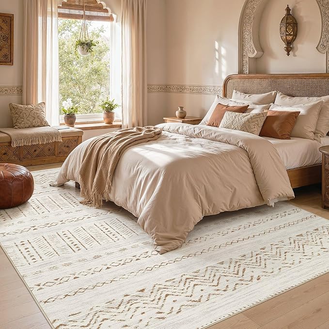 cotiled Boho 12x15 Area Rug for Living Room: Large Moroccan Washable Rug | Stain Resistan Carpet for Bedroom Farmhouse Brown Cream