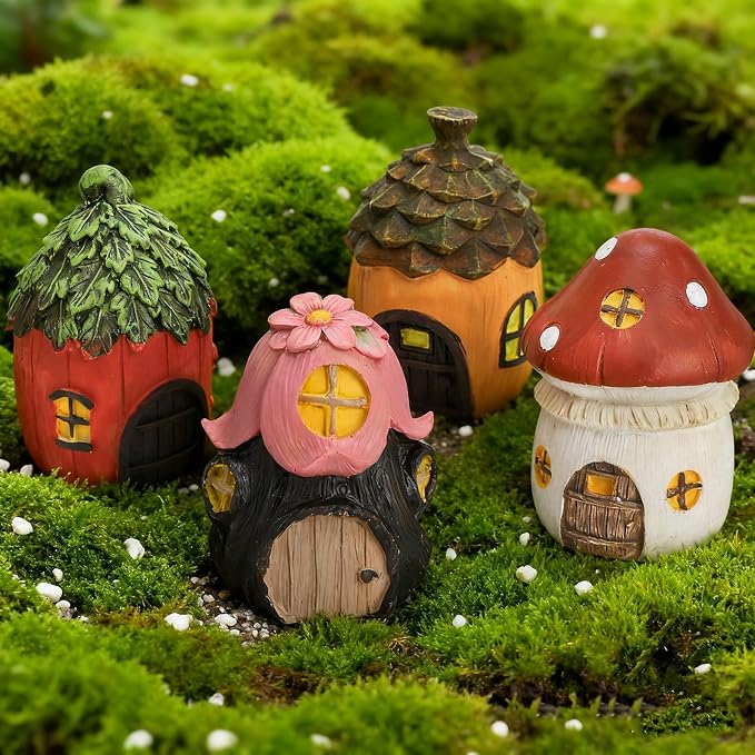 Nicunom 4 Pack Fairy Garden House, Miniature Mushroom House Resin Fairy House Statues Indoor/Outdoor Figurine Fairy Garden Accessories for Micro Landscape Lawn Yard Decor Gift