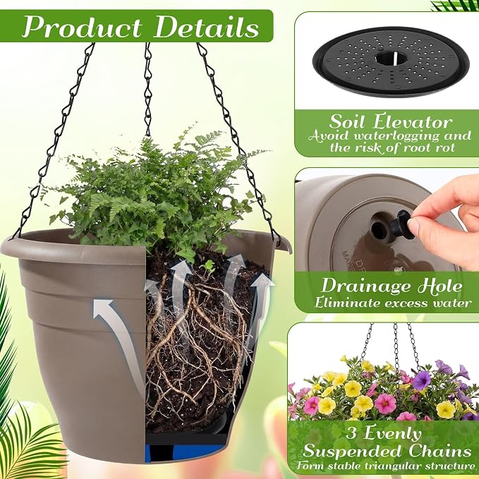 20 Pack 10 Inch Plastic Hanging Planter Bulk Brown Hanging Baskets for Plants with Drainage Trays Self Watering Plant Pot Outdoor Indoor Planter for Garden, Balcony, Porch, Patio Decor