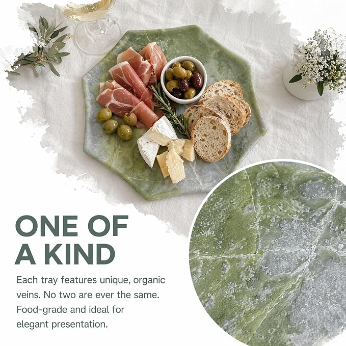 Real Natural Marble Octagon Tray 10.2in Solid Stone Decorative Plate | Luxury Green Marble Decor Tray for Candle, Jewelry, Plant. Food-Safe Solid Stone Serving Dish with Unique Veining