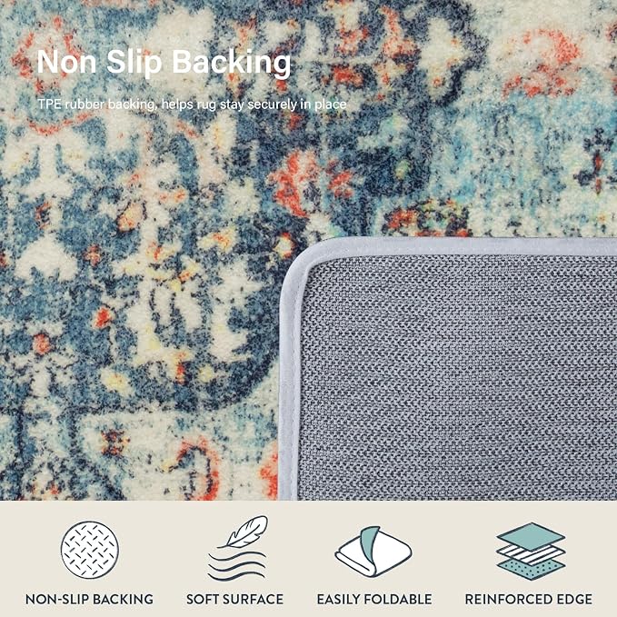 Lahome Reine Bohemian Floral Medallion Area Rug - 2x3 Vintage Teal Distressed Small Entryway Rug Turkish Doormat Faux Wool Non-Slip Washable Low-Pile Carpet for Bathroom Kitchen Laundry Room Decor